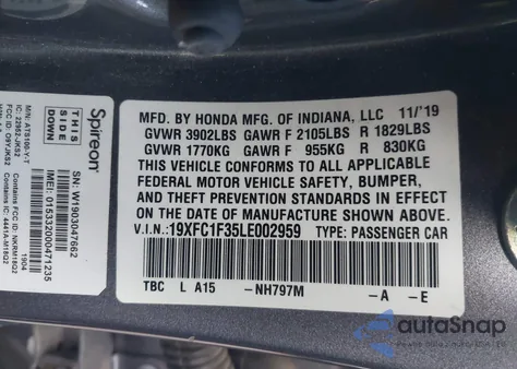 2020 Honda Civic Ex from USA, damaged, VIN 19XFC1F35LE002959